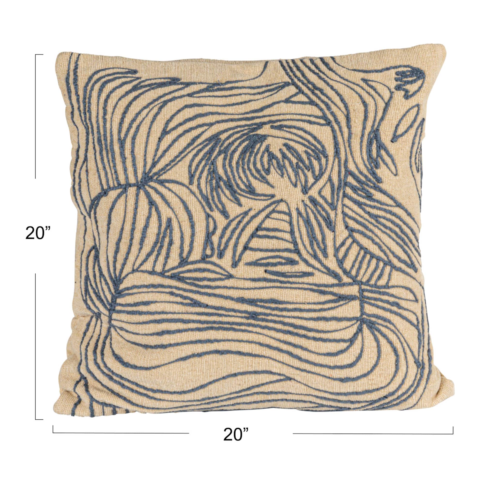Hello Honey® 20" x 20" Natural & Blue Azure Lines Embroidered Cotton Pillow